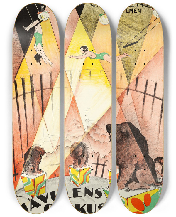 Triptych art skateboard deck of Eric Rohman The Devils Circus by Eric Rohman (1891-1949)