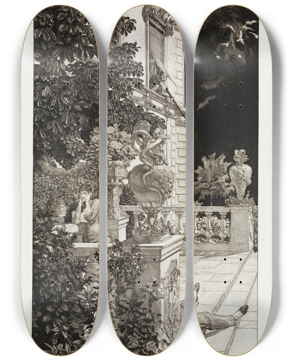 Triptych art skateboard deck of Max Klinger In Flagranti Dramen Opus Ix Blatt 1 by Max Klinger (1857-1920)