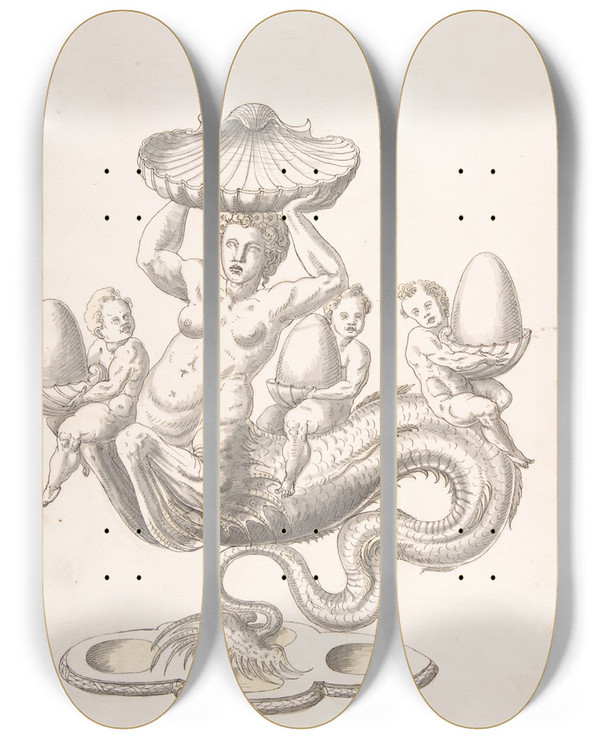 Triptych art skateboard deck of Erasmus Hornick Design For Serving Piece by Erasmus Hornick (1520-1583)