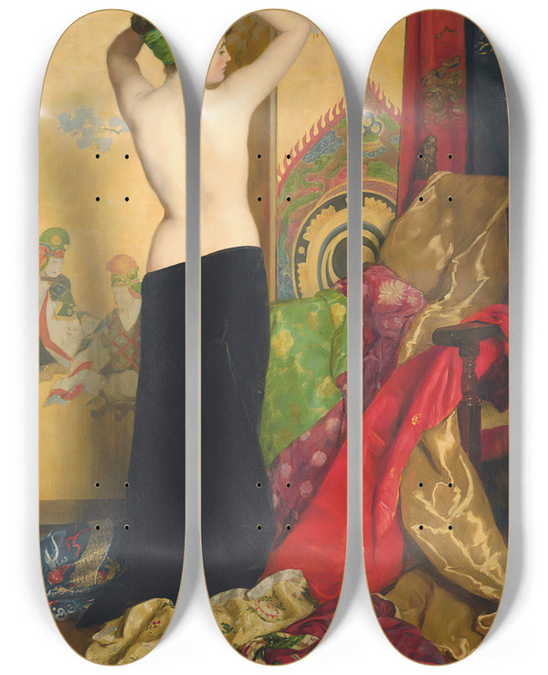 Triptych art skateboard deck of John Collier Pomps And Vanities by John Collier (1850-1934)