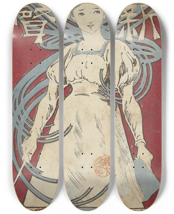 Triptych art skateboard deck of Yki Somei Nieuwe Stem by Yuki Somei (1875-1957)