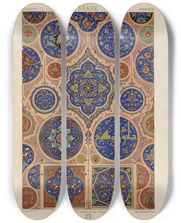 Triptych art skateboard deck of Auguste Racinet Arabe 2 by Auguste Racinet (1825-1893)
