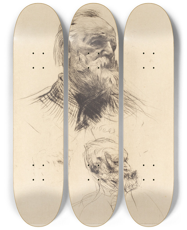 Triptych art skateboard deck of Auguste Rodin Victor Hugo De Trois Quarts 2 by Auguste Rodin (1840-1917)