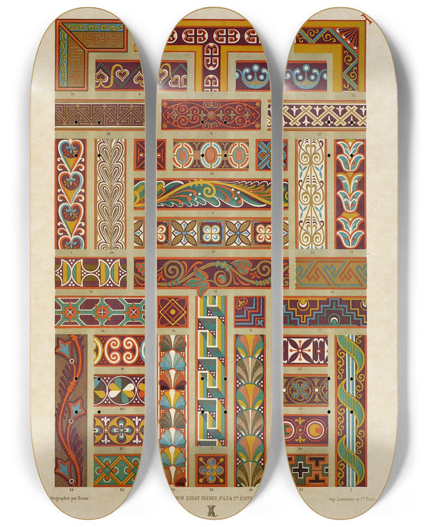 Triptych art skateboard deck of Auguste Racinet Moyen Age by Auguste Racinet (1825-1893)