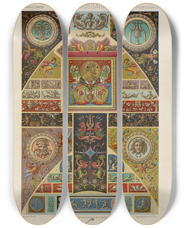 Triptych art skateboard deck of Auguste Racinet Renaissance 4 by Auguste Racinet (1825-1893)