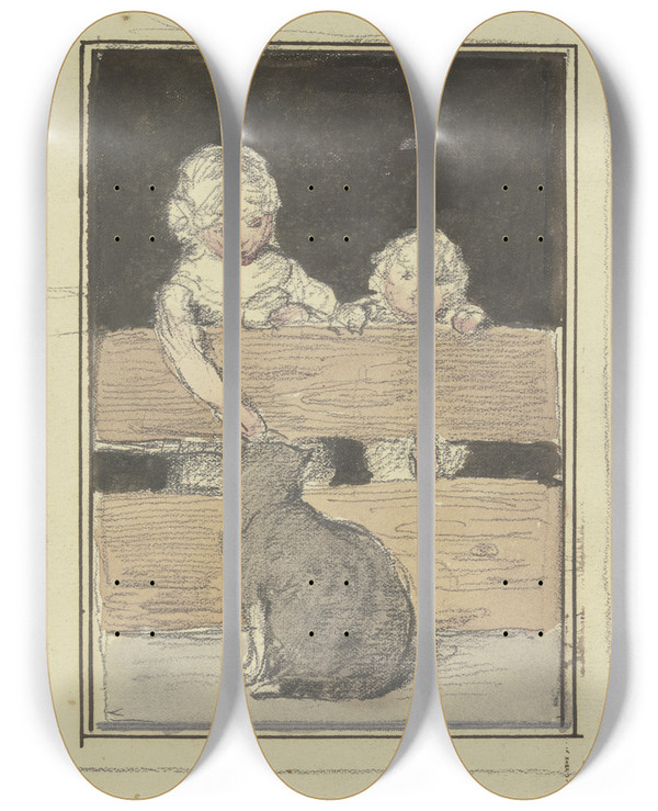 Triptych art skateboard deck of Otto Scholderer Zwei Kinder Am Zaun Mit Einer Katze by Otto Scholderer (1834-1902)