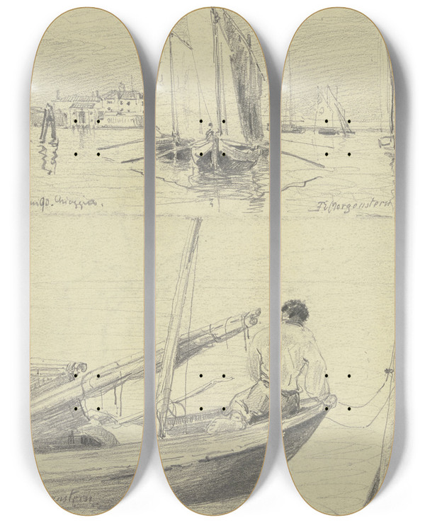 Triptych art skateboard deck of Friedrich Ernst Morgenstern Studienblatt Fischerboote Bei Chioggia by Friedrich Ernst Morgenstern (1853-1919)