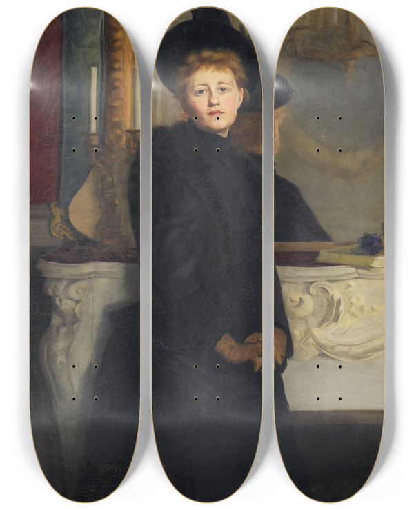 Triptych art skateboard deck of Ava De Lagercrantz Self Portrait by Ava de Lagercrantz
