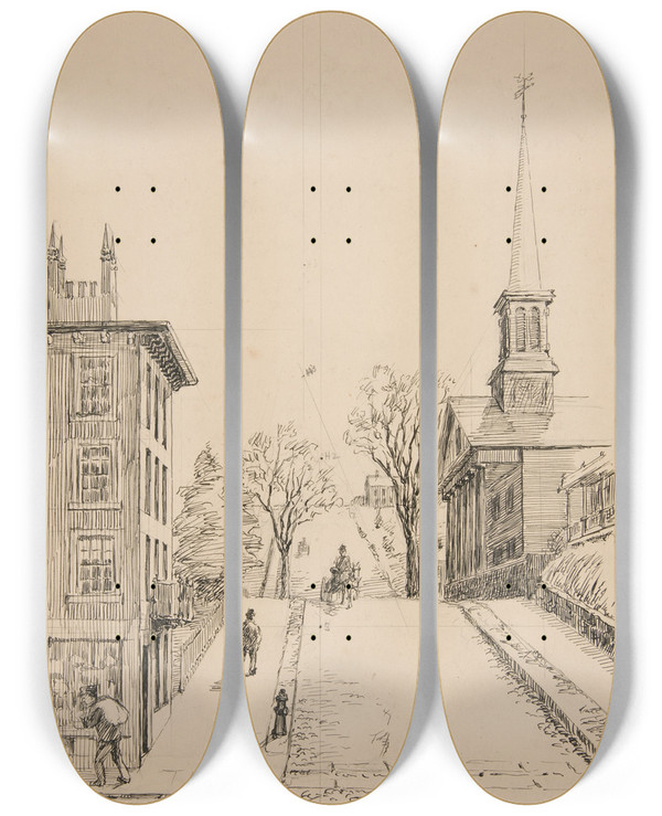 Triptych art skateboard deck of George H Langzettel Perspective Problem Grand Avenue From Quinnipiacavenue by George H Langzettel (1903-1923)