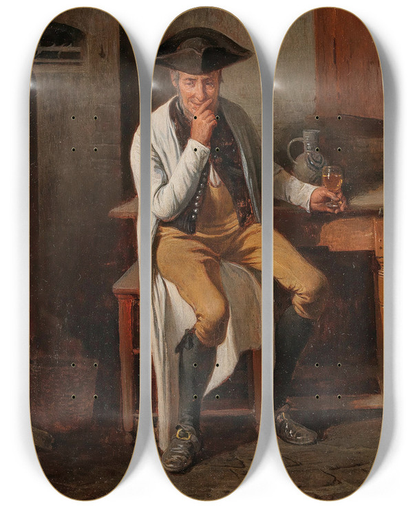 Triptych art skateboard deck of Friedrich Friedlnder Ein Guter Schluck by Friedrich Friedlander (1825-1901)