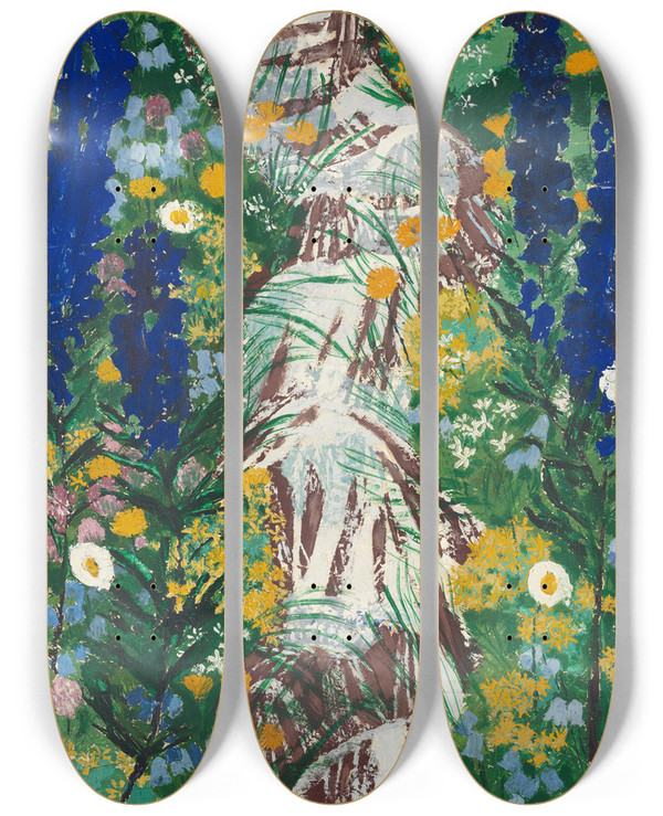 Triptych art skateboard deck of August Babberger Blumen Am Bach by August Babberger (1885-1936)