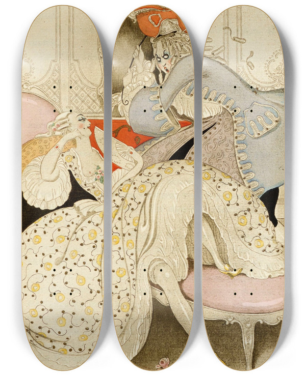 Triptych art skateboard deck of Gerda Wegener Sur Talons Rouges Pl 03 by Gerda Wegener (1886-1940)