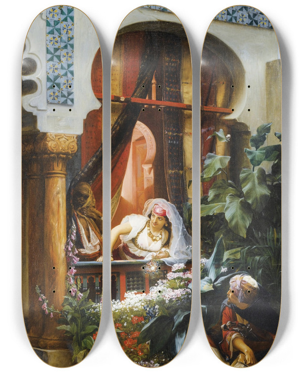 Triptych art skateboard deck of Pierremarie Beyle Le Balcon by Pierre-Marie Beyle (1837-1902)