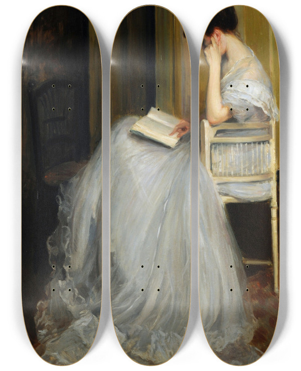 Triptych art skateboard deck of Jacquesmile Blanche Woman Reading by Jacques-mile Blanche (1861-1942)