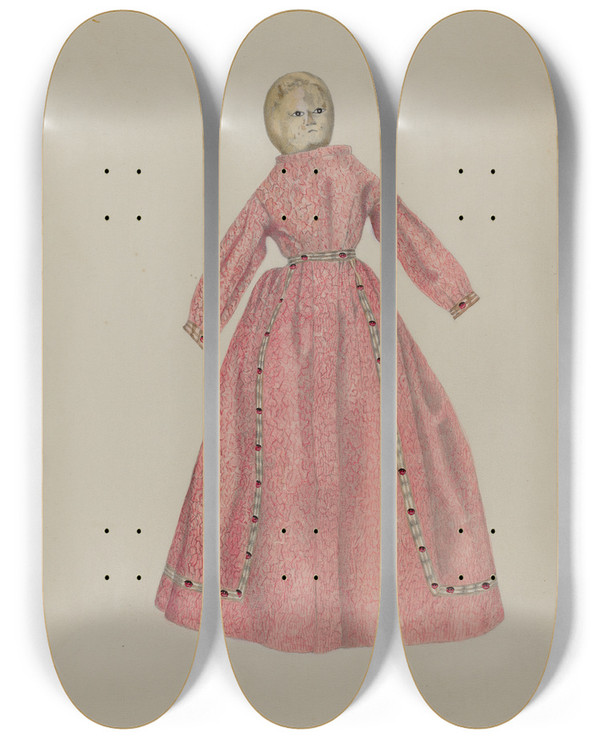 Triptych art skateboard deck of William Frank Gingham Doll by William Frank