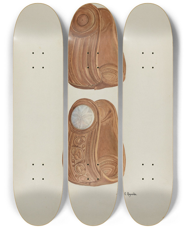Triptych art skateboard deck of Arthur P Reynolds Stirrups by Arthur P Reynolds