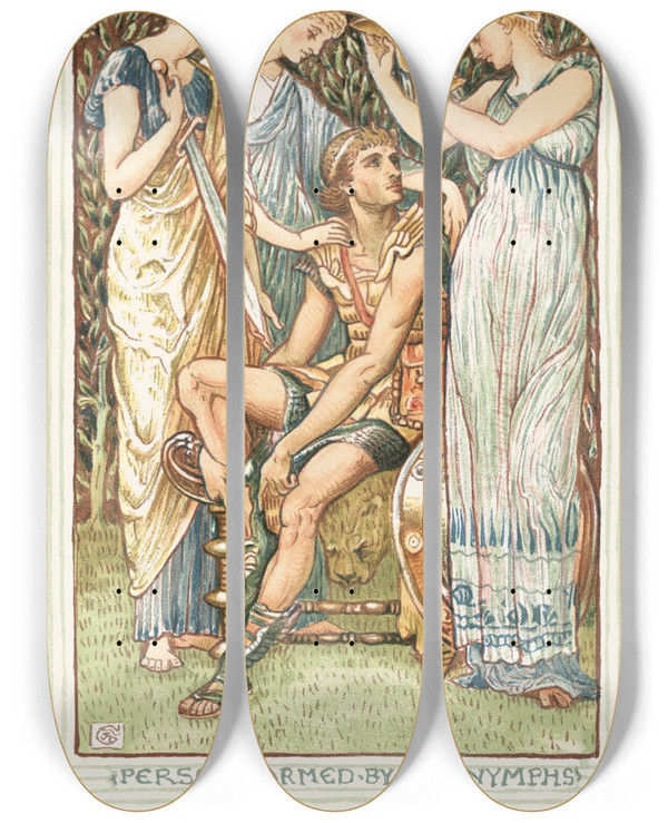 Triptych art skateboard deck of Walter Crane Perseus Armed By The Nymphs by Walter Crane (1845-1915)