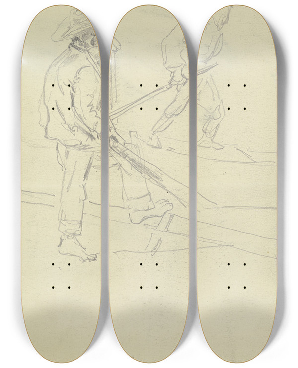 Triptych art skateboard deck of Friedrich Ernst Morgenstern Study Sheet Two Fishermen by Friedrich Ernst Morgenstern (1853-1919)
