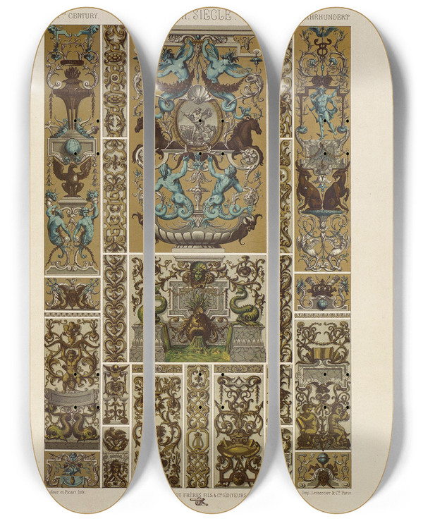 Triptych art skateboard deck of Auguste Racinet Xvii Siecle 6 by Auguste Racinet (1825-1893)
