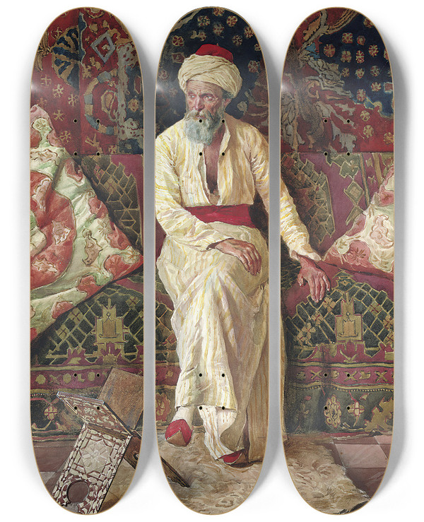 Triptych art skateboard deck of Rudolf Ernst A Pensive Elder by Rudolf Ernst (1854-1932)