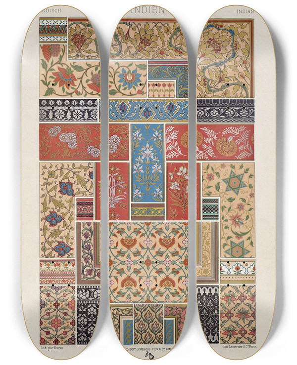 Triptych art skateboard deck of Auguste Racinet Indien 3 by Auguste Racinet (1825-1893)