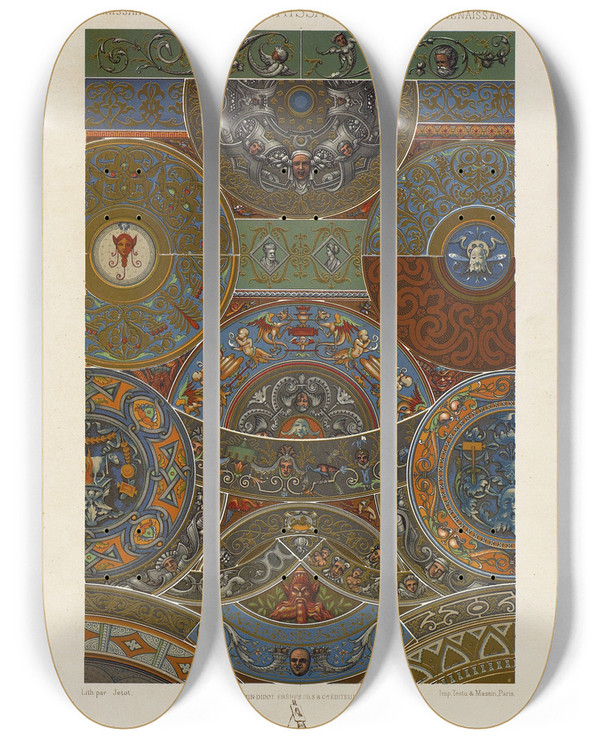 Triptych art skateboard deck of Auguste Racinet Renaissance 9 by Auguste Racinet (1825-1893)
