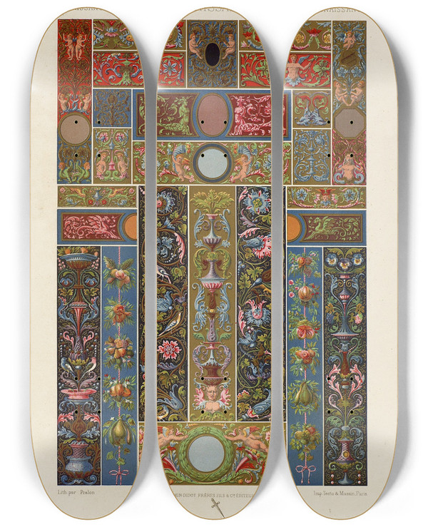 Triptych art skateboard deck of Auguste Racinet Renaissance 7 by Auguste Racinet (1825-1893)