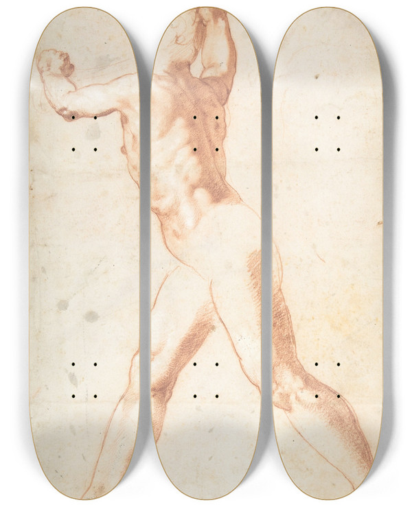 Triptych art skateboard deck of Taddeo Zuccaro Standing Nude Man by Taddeo Zuccaro (1529-1566)