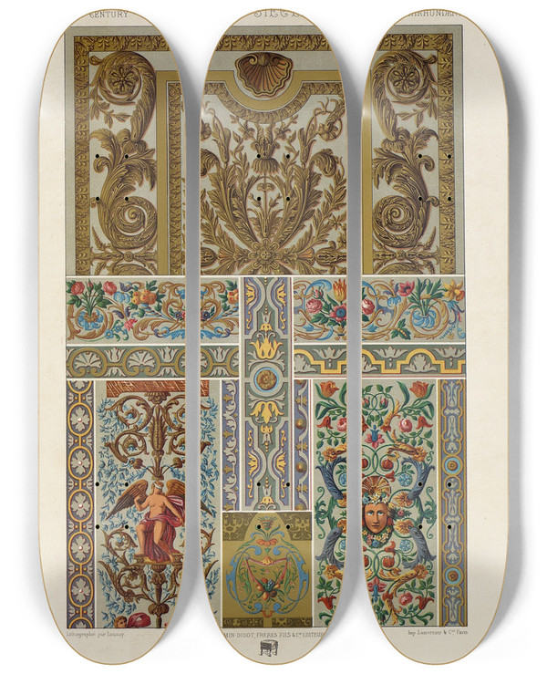 Triptych art skateboard deck of Auguste Racinet Xvii Siecle 3 by Auguste Racinet (1825-1893)