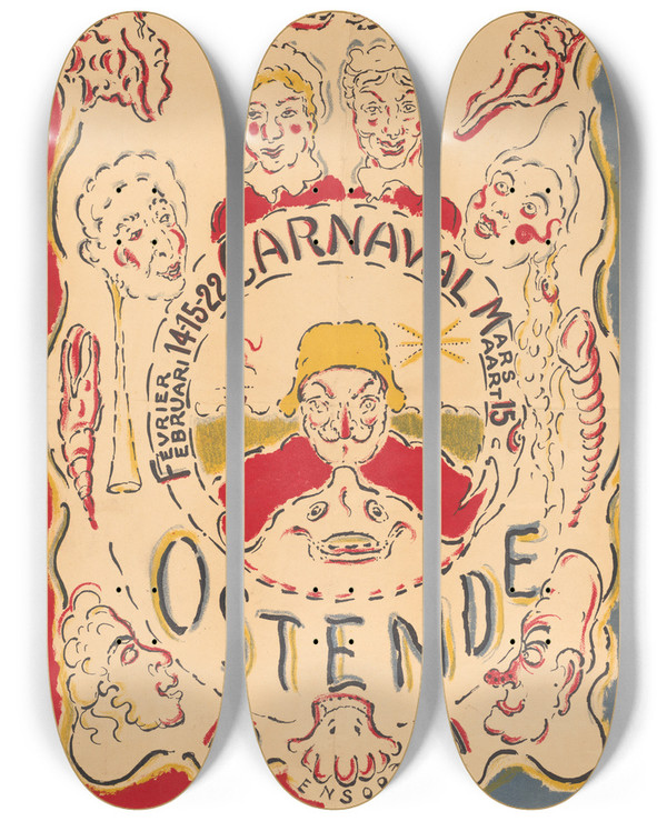 Triptych art skateboard deck of James Ensor Affiche Voor Het Carnaval Van Oostende by James Ensor (1860-1949)