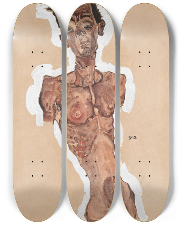 Triptych art skateboard deck of Egon Schiele Nude Selfportrait by Egon Schiele (1890-1918)