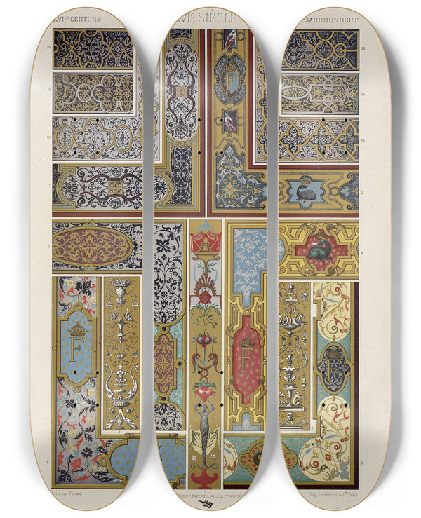 Triptych art skateboard deck of Auguste Racinet Xvi Siecle by Auguste Racinet (1825-1893)