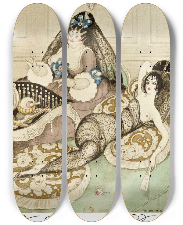 Triptych art skateboard deck of Gerda Wegener Sur Talons Rouges Pl 10 by Gerda Wegener (1886-1940)
