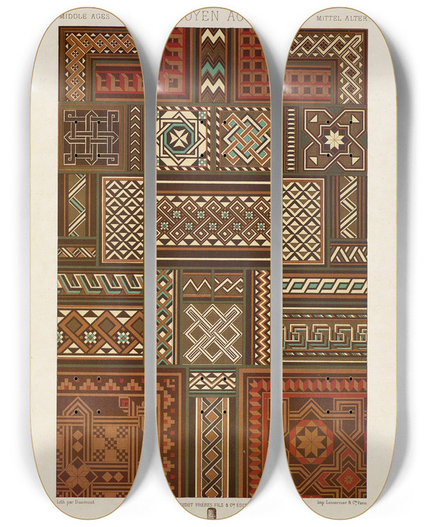 Triptych art skateboard deck of Auguste Racinet Moyen Age 3 by Auguste Racinet (1825-1893)