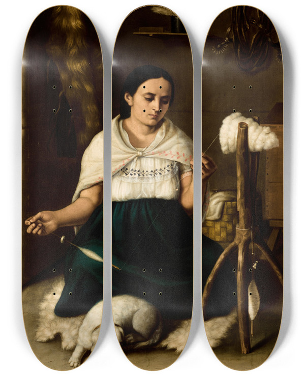 Triptych art skateboard deck of Luis Cadena Woman Spinning Hilandera by Luis Cadena (1830-1889)
