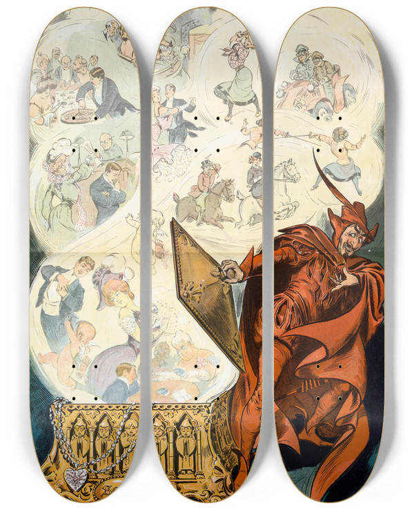 Triptych art skateboard deck of Samuel Ehrhart The Lid Is Off Again by Samuel Ehrhart (1862-1937)