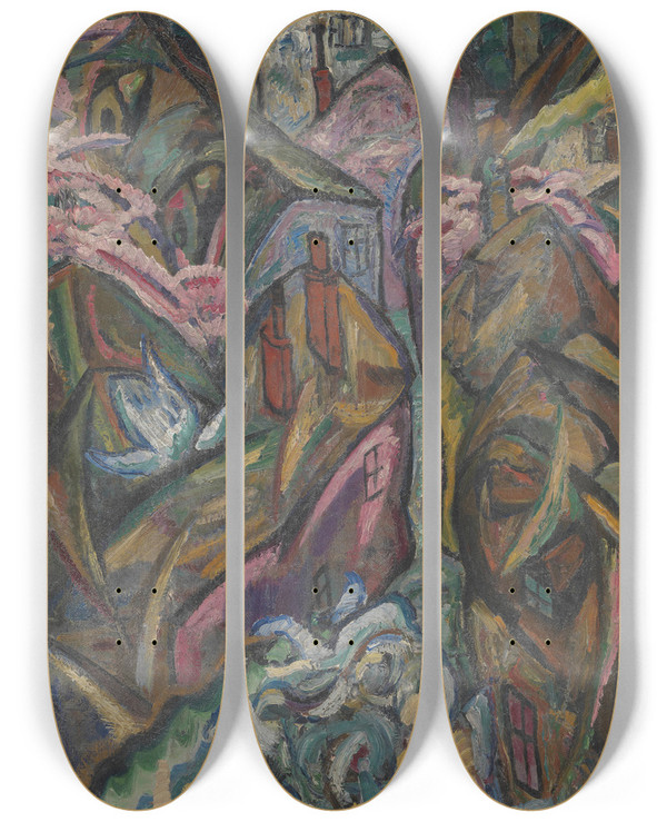 Triptych art skateboard deck of Anton Emanuel Peschka Landschaft Mit Husern by Anton Emanuel Peschka (1885-1940)
