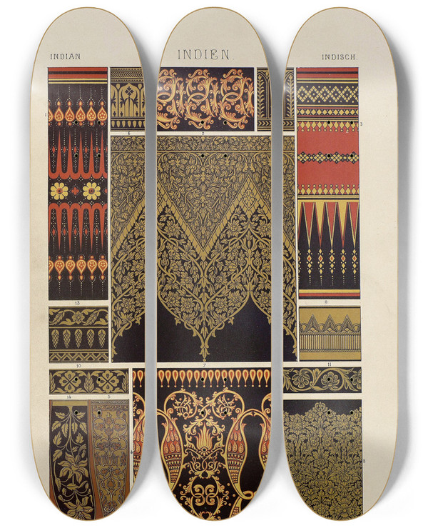 Triptych art skateboard deck of Auguste Racinet Indien 2 by Auguste Racinet (1825-1893)