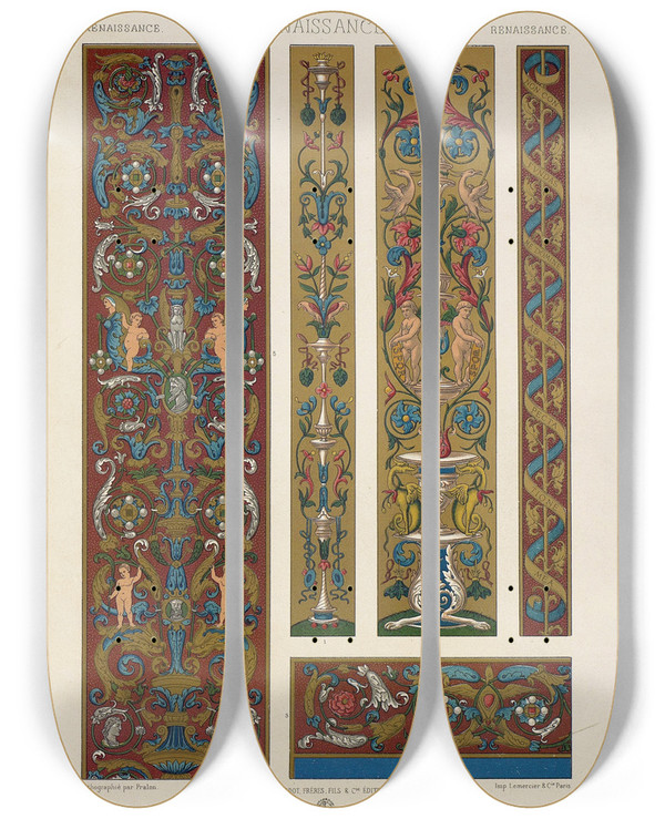 Triptych art skateboard deck of Auguste Racinet Renaissance 5 by Auguste Racinet (1825-1893)
