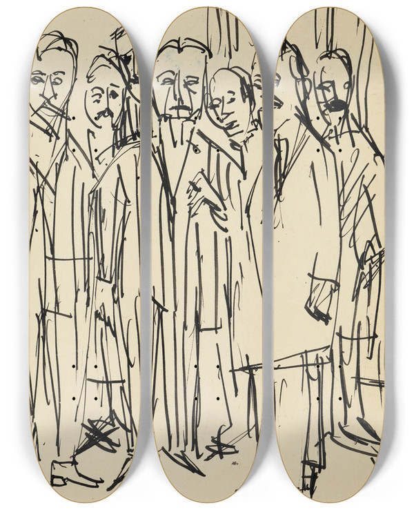Triptych art skateboard deck of Ernst Ludwig Kirchner Kollegium by Ernst Ludwig Kirchner (1880-1938)