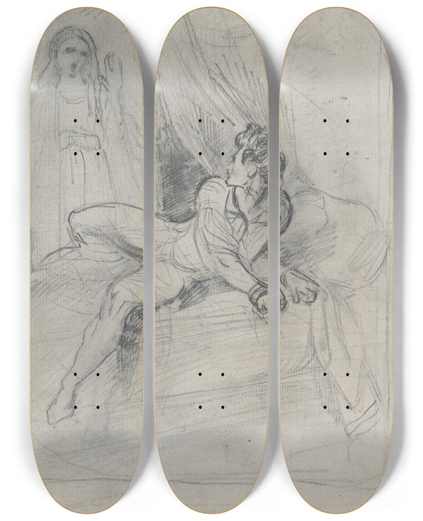 Triptych art skateboard deck of Theodor Von Holst Man And Apparition by Theodor Von Holst (1810-1844)