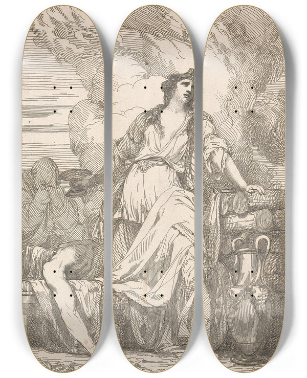 Triptych art skateboard deck of John Hamilton Mortimer Tragedy_1 by John Hamilton Mortimer (1740-1779)