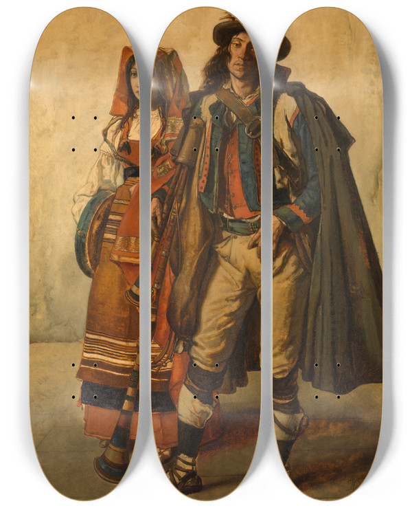 Triptych art skateboard deck of Jan August Hendrik Leys Pifferari by Jan August Hendrik Leys (1815-1869)