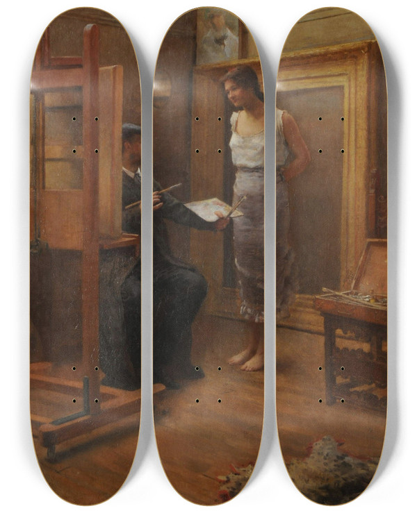 Triptych art skateboard deck of Eduardo Svori In The Workshop by Eduardo Sivori (1847-1918)