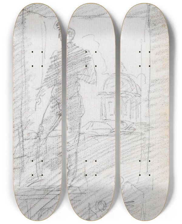 Triptych art skateboard deck of Hubert Robert Statue Of A Nude Before A Window View by Hubert Robert (1733-1808)