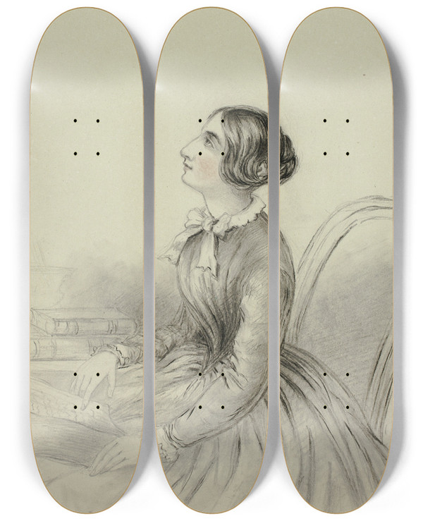 Triptych art skateboard deck of Elizabeth Murray Young Woman Inspired While Reading by Elizabeth Murray (1815-1882)