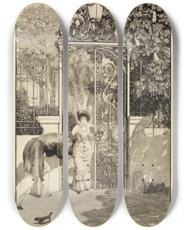 Triptych art skateboard deck of Max Klinger Am Thor Eine Liebe Opus X Blatt 3 by Max Klinger (1857-1920)