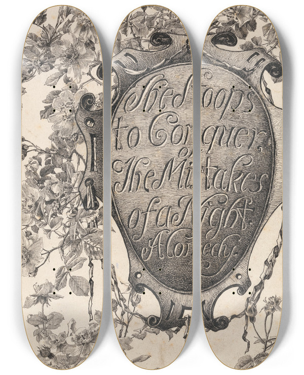 Triptych art skateboard deck of Alfred Parsons Title Page From She Stoops To Conquer by Alfred Parsons (1847-1920)