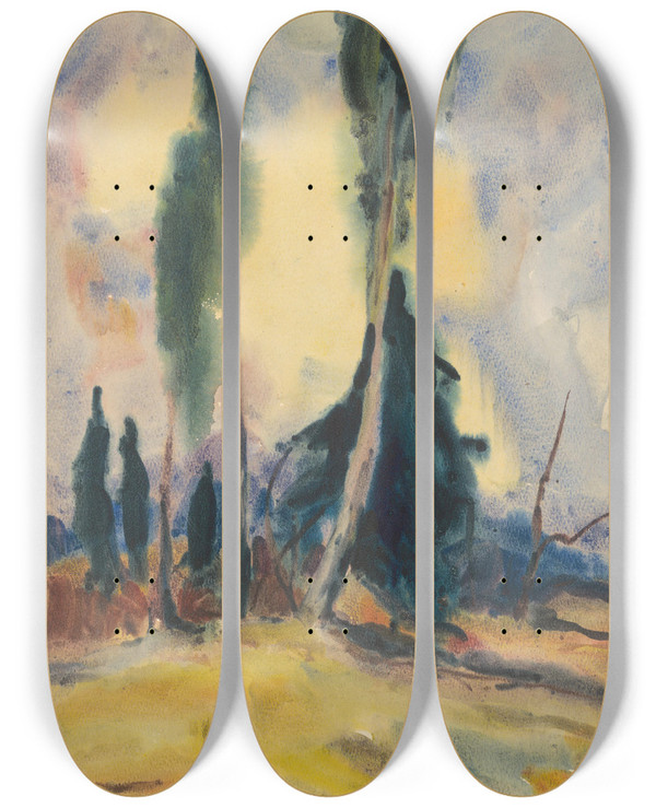 Triptych art skateboard deck of Zolo Palugyay Three Trees On A Plain by Zolo Palugyay (1898-1935)