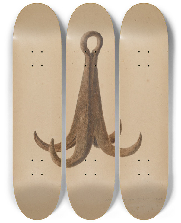 Triptych art skateboard deck of Alexander Anderson Grappling Hooks by Alexander Anderson
